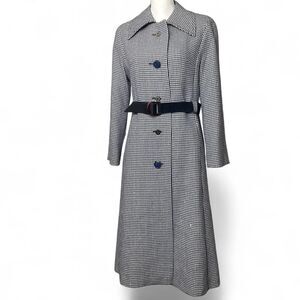 Vintage Houndstooth Women's Long Wool Coat Leather Belt Front Buttons Sz 38 US 6